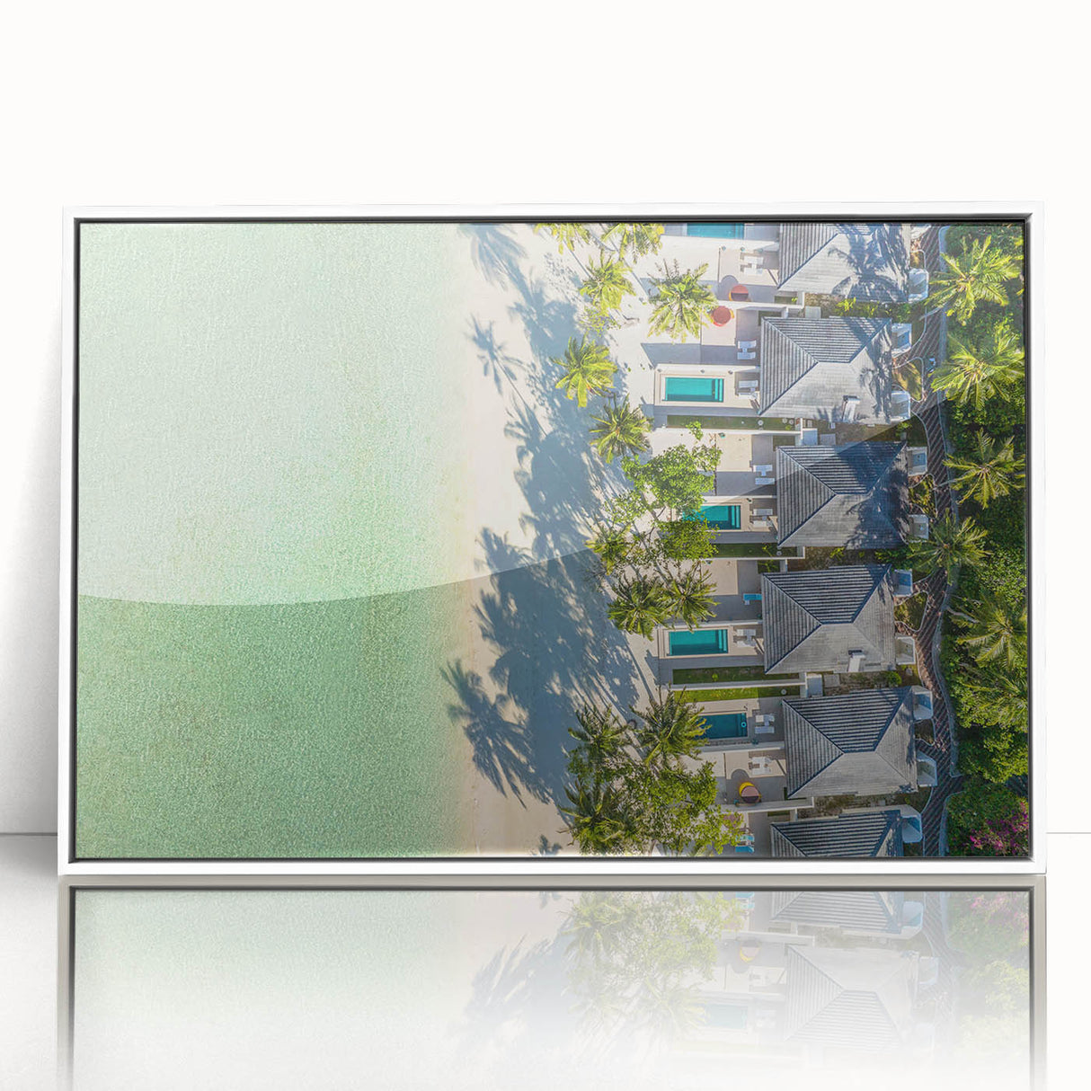 Art deco poster depicting a serene Tahitian landscape in muted blues and greens on a white framed acrylic.