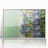Art deco poster depicting a serene Tahitian landscape in muted blues and greens on a white framed acrylic.