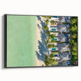 Black and white framed canvas of a Tahitian landscape, ideal for bedroom wall decor.
