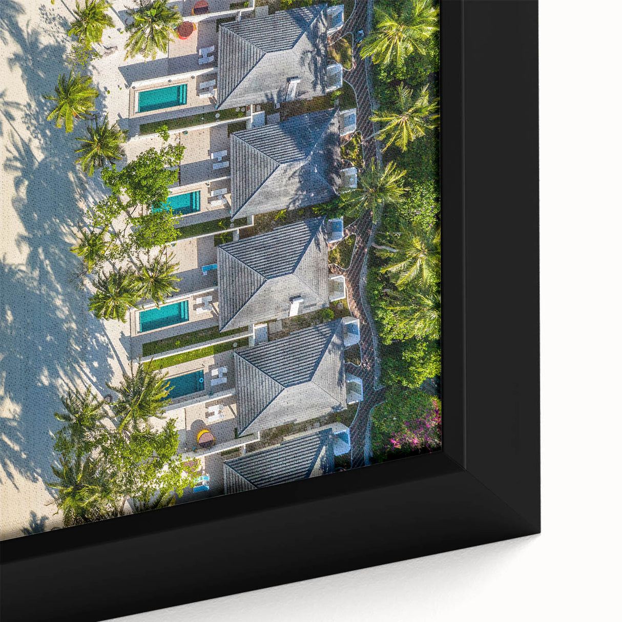 Extra large framed canvas featuring a black textured art scene of French Polynesia with vibrant oceanic colors.