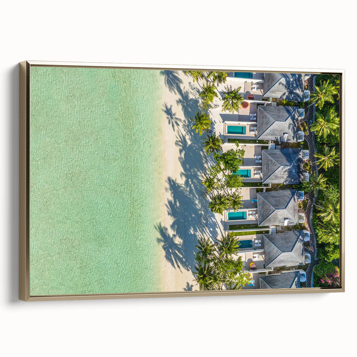 Framed canvas wall art featuring a vintage-style landscape of Tahiti with black and gold tones, ideal for bedroom decor.