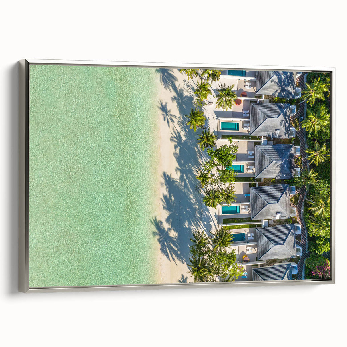 Framed canvas depicting a vintage-style Tahitian landscape, with vibrant blues and greens, ideal for living room decor.