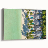 Framed canvas depicting a vintage-style Tahitian landscape, with vibrant blues and greens, ideal for living room decor.