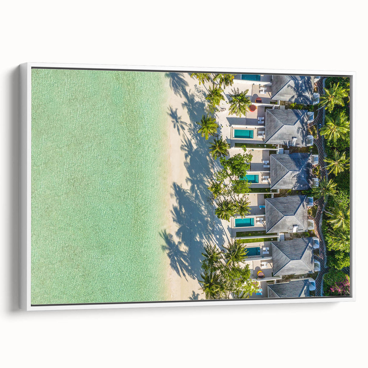 Vintage poster art of Tahiti landscape in vibrant colors, framed canvas, ideal for living room decor.