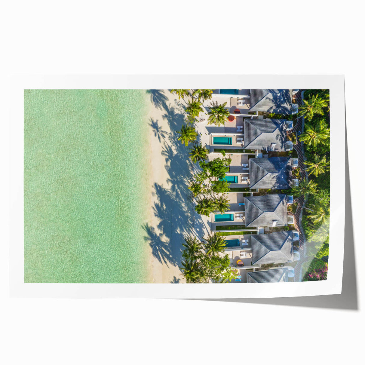 Extra large rolled print of Tahitian scenery with vibrant ocean and floral elements, ideal for art wall dining room.