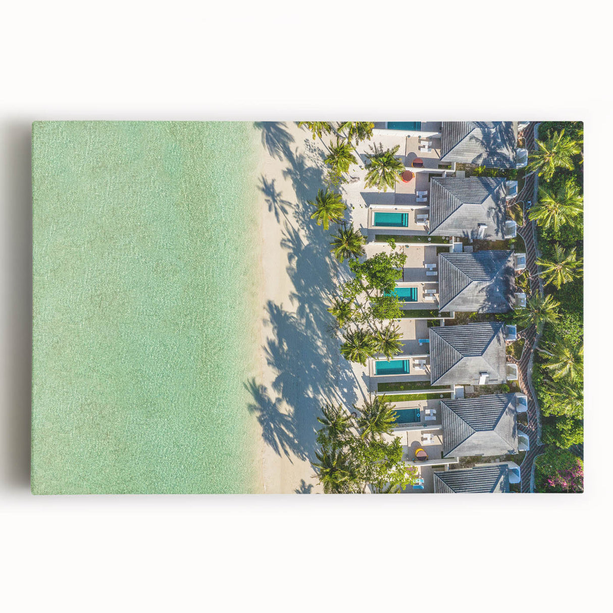 Black and white stretched canvas of Tahiti's coastline, ideal for kitchen wall art.