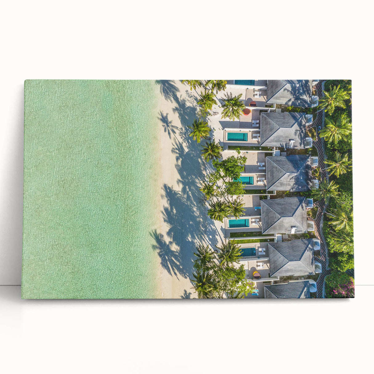 Black and white photograph of Tahiti's coastline on stretched canvas, ideal for kitchen wall art or bedroom ambiance.