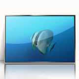 Mid-century modernist art depicting the ocean in muted blue and green hues, framed in silver acrylic.