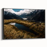 Black and white landscape art painting of Canterbury, New Zealand on a framed canvas, suitable for bedroom decor.