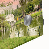 Large abstract wall art featuring a mid-century modernist Buenos Aires cityscape in muted gray and blue tones on acrylic…