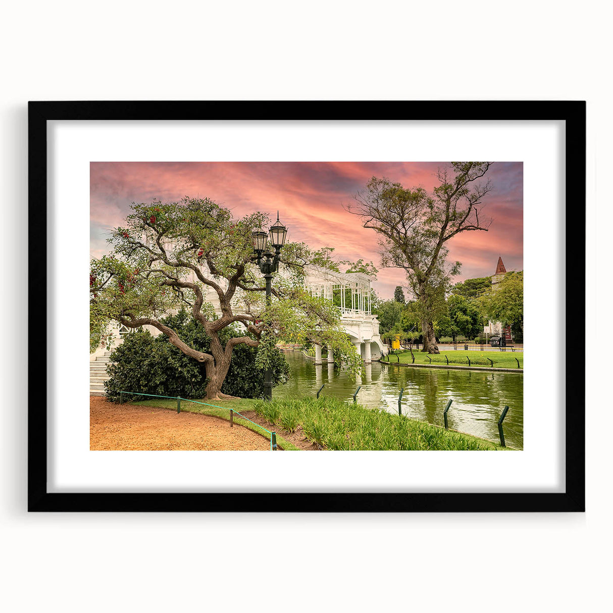 Extra large abstract art print depicting vibrant, colorful scenery of Buenos Aires on a textured canvas, framed in black.