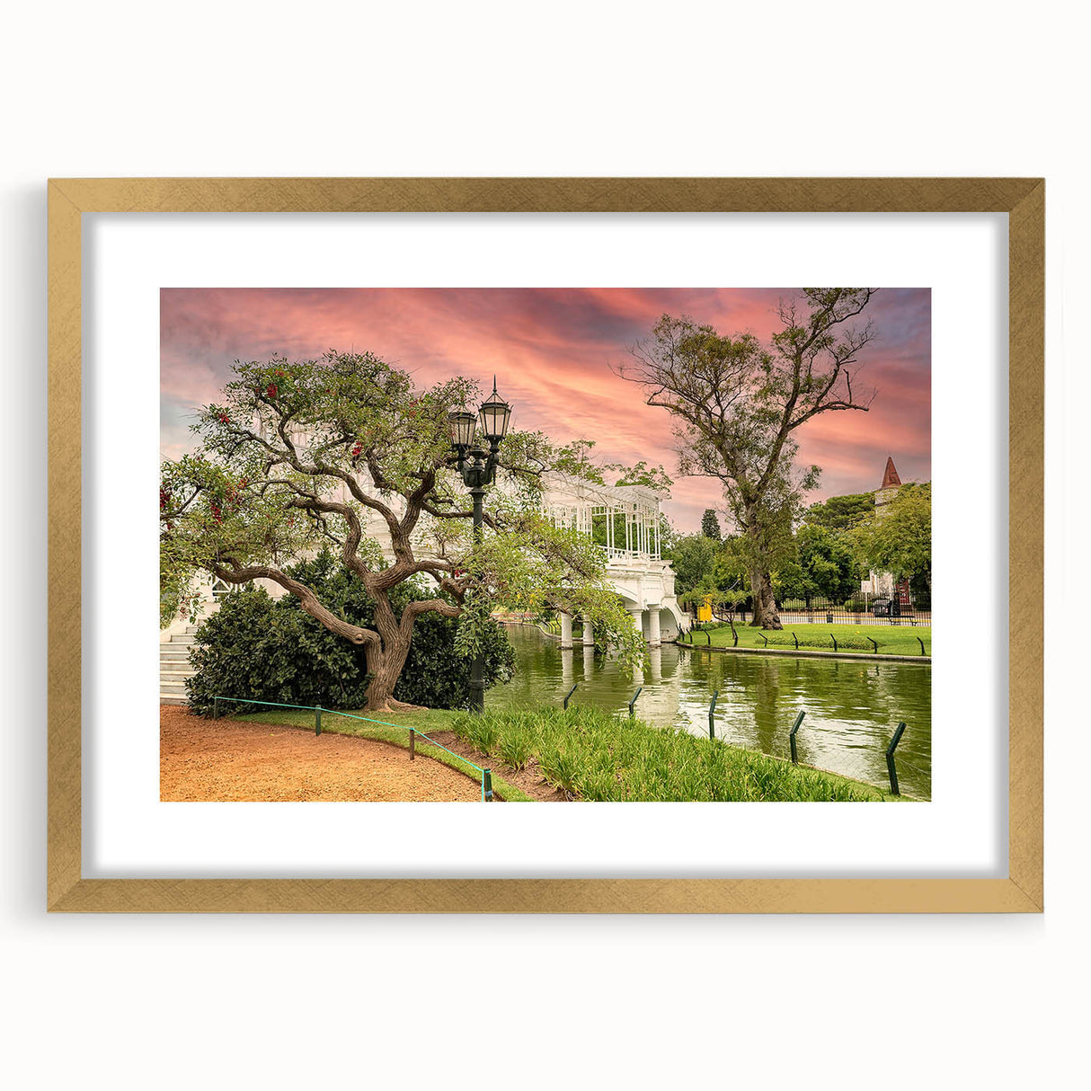 Extra large abstract art print of Buenos Aires skyline in textured gold frame, ideal for living room decor.