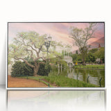 Acrylic print of Buenos Aires cityscape in art deco style, using a palette of cool grays and blues.