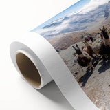 Art deco poster of a Bolivian landscape in soft pastel colors on rolled canvas, ideal for nursery wall art.