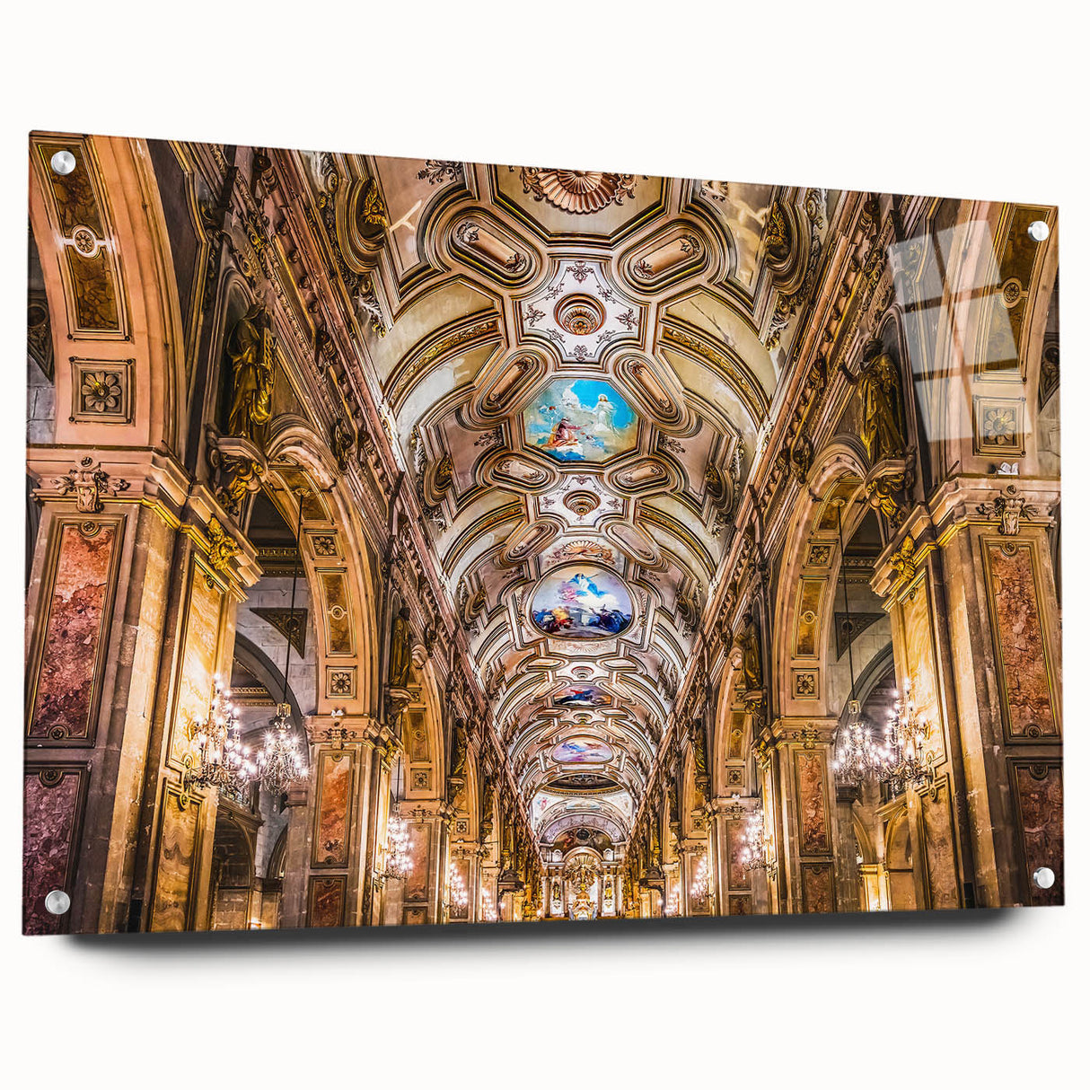 Acrylic print of a large abstract representation of Santiago, Chile in vibrant blues and greens.