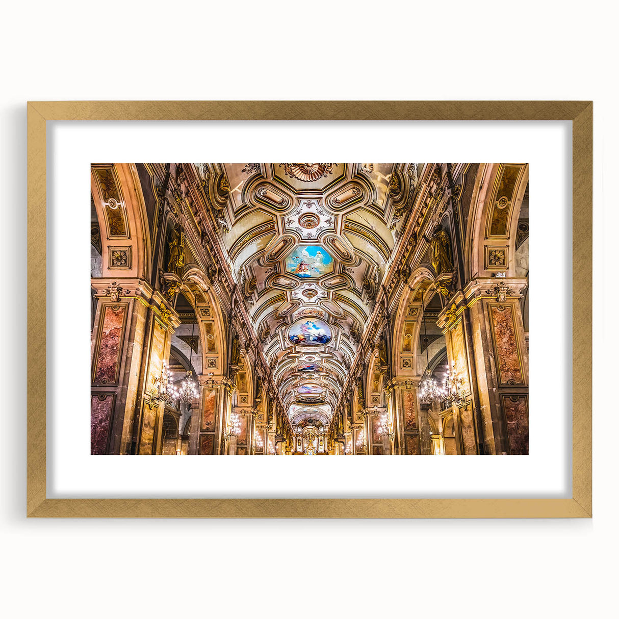 Abstract art print of Santiago skyline in textured gold frame, in muted earth tones, ideal for living room decor.