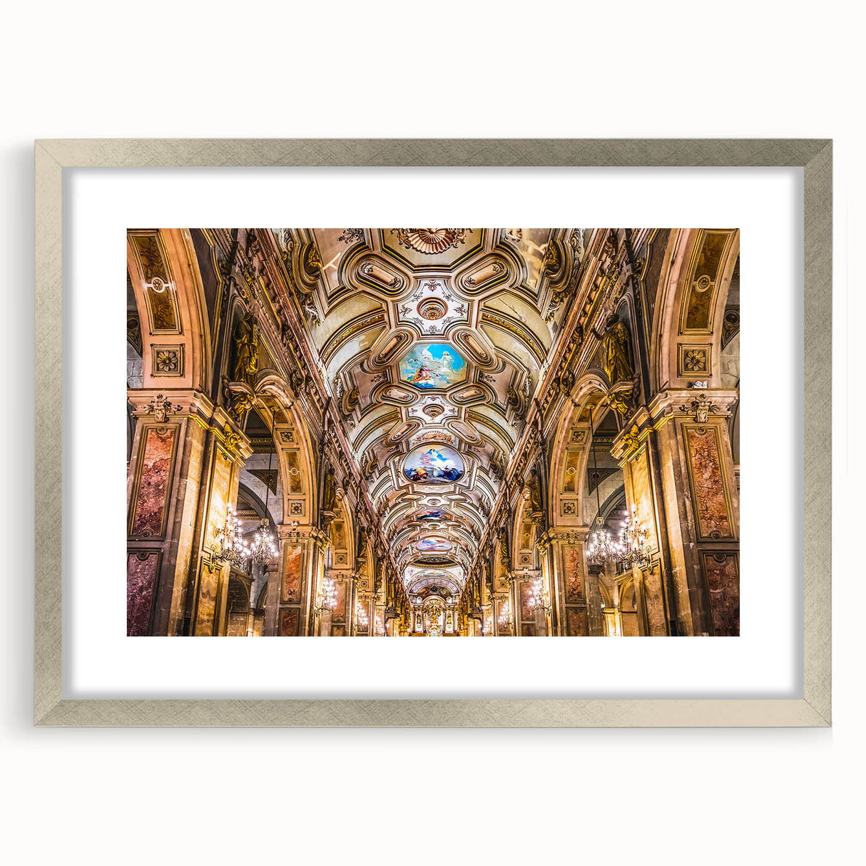 Textured art print of Santiago skyline in muted earth tones, framed in silver, ideal for bedroom decor.