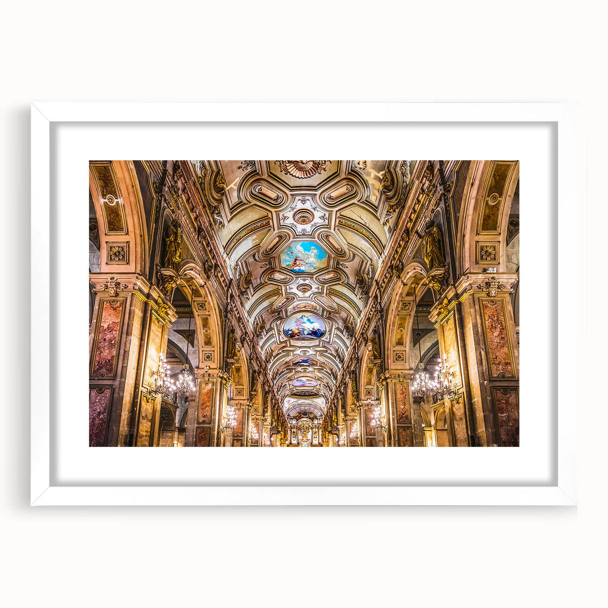 Abstract art print of Santiago, Chile skyline in muted earth tones on a framed white mat, ideal for dining room decor.