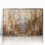 Mid-century modernist art depicting Santiago, Chile skyline in silver framed acrylic, ideal for nursery wall art.