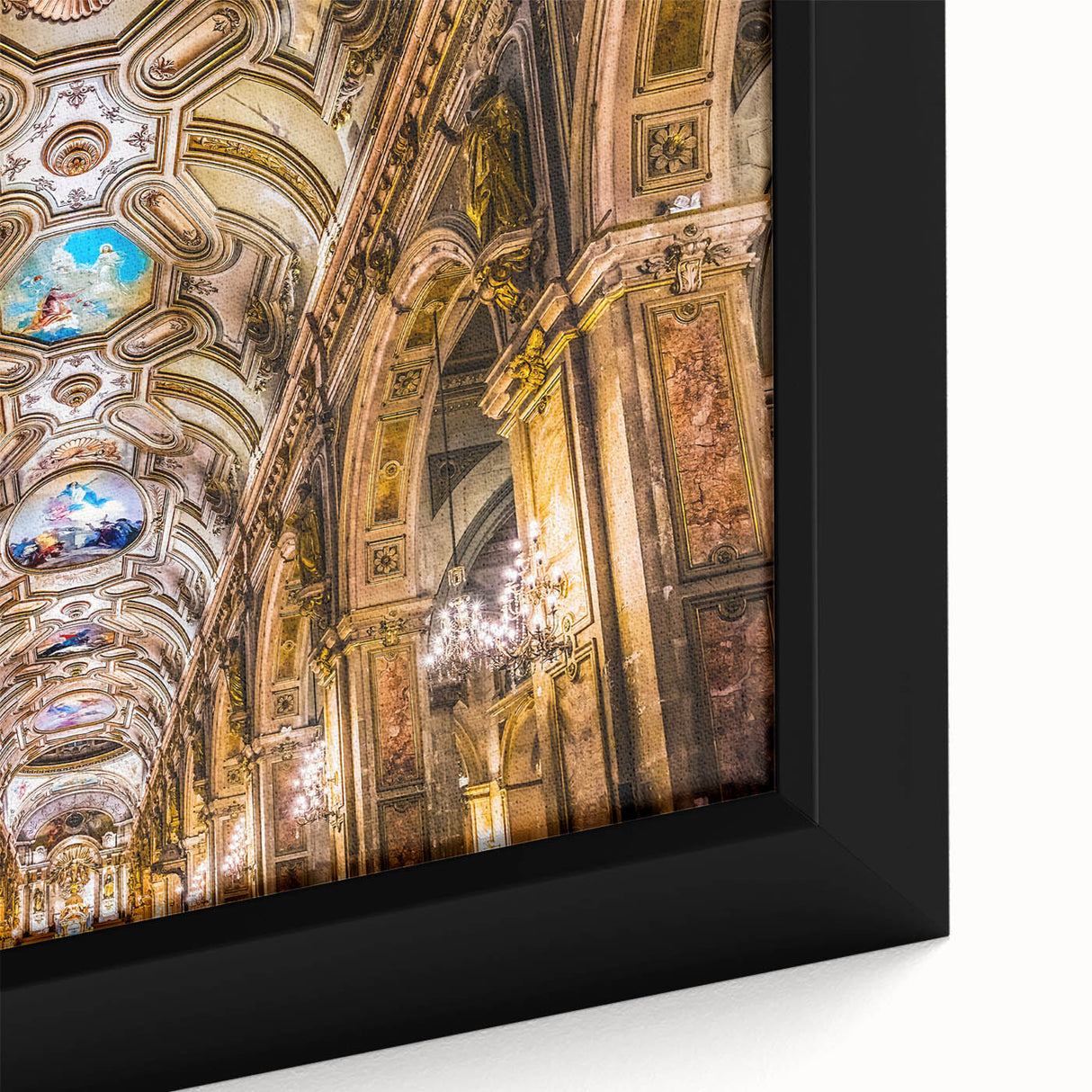 Extra large black wall art of Santiago, Chile skyline in vibrant colors on textured framed canvas.