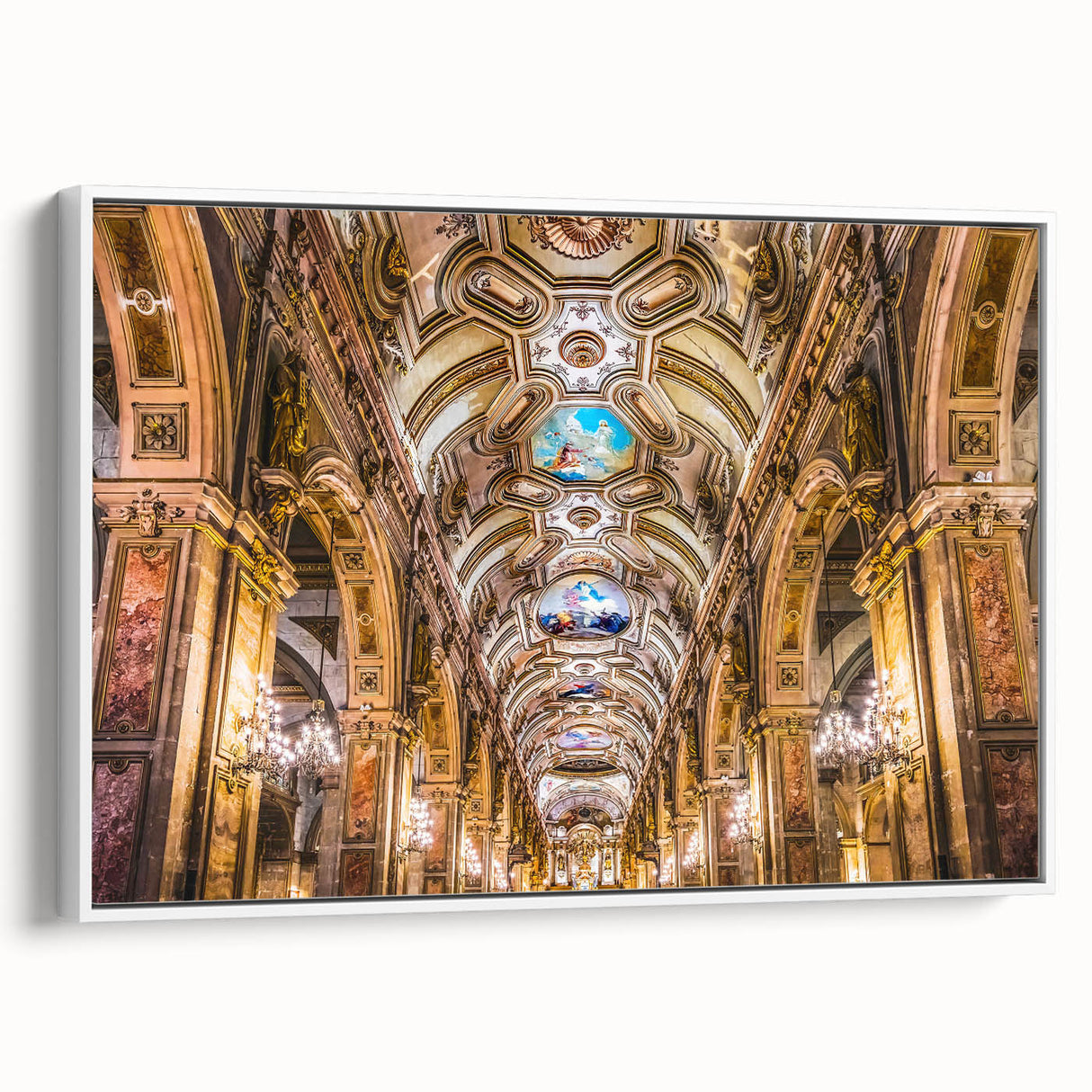 Framed canvas of vintage poster art featuring colorful Santiago skyline, ideal for living room decor.