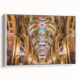 Framed canvas of vintage poster art featuring colorful Santiago skyline, ideal for living room decor.