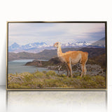 Mid-century modernist scenery of South America featuring muted gold and green tones on a framed acrylic.