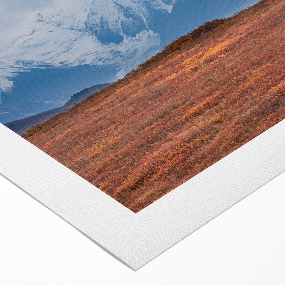 Art deco poster of Denali, Alaska, featuring cool blue and white tones on rolled canvas, suitable for dining room wall art.