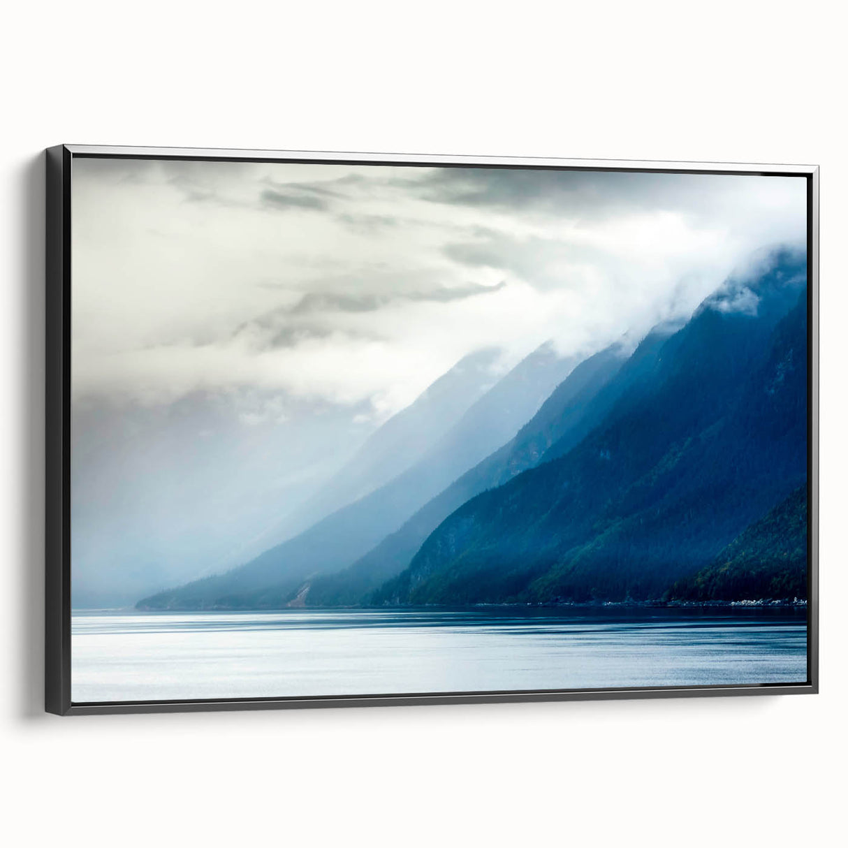 Black and white framed canvas of an Alaskan landscape, ideal for bedroom wall decor.
