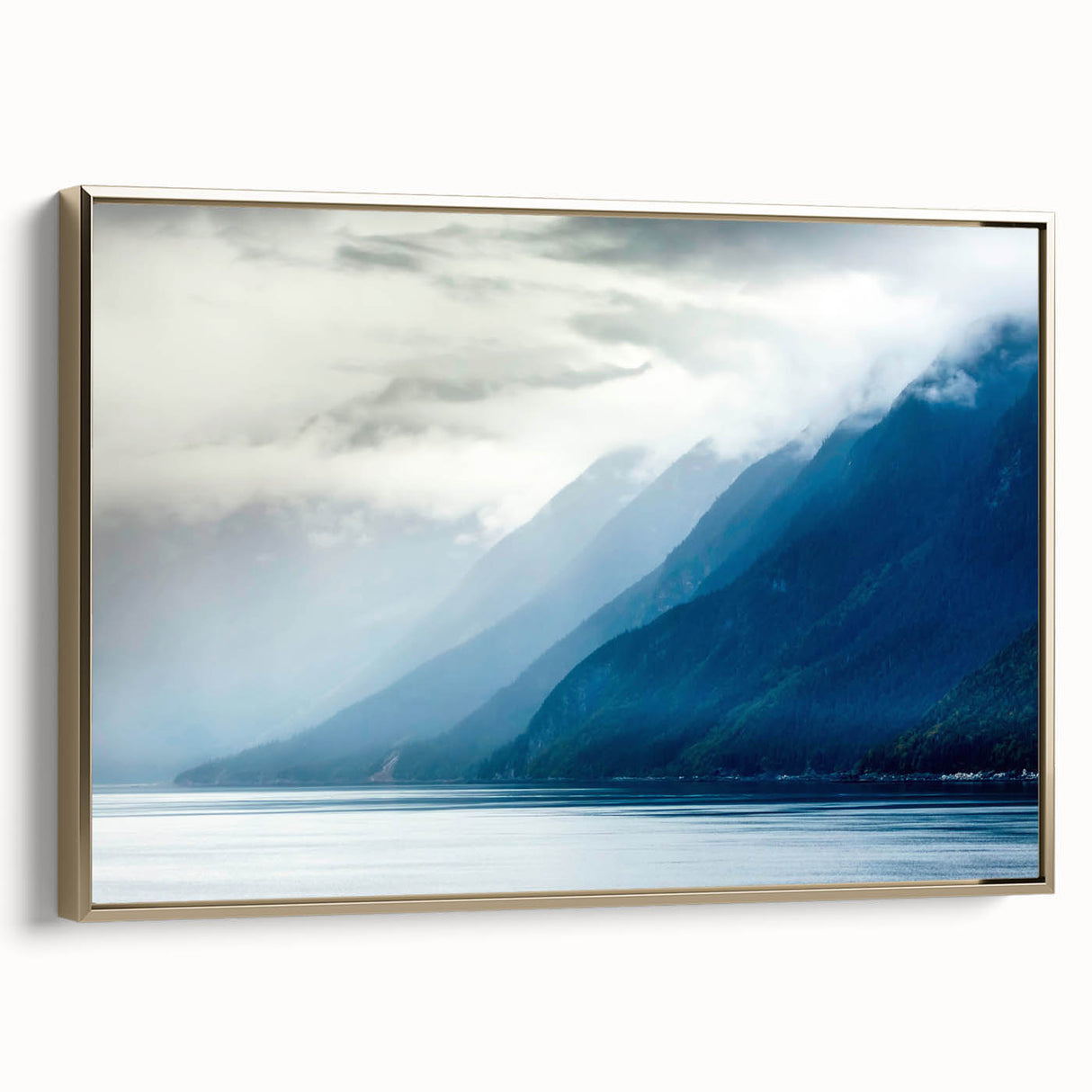 Framed canvas depicting a vintage-style Alaskan landscape in muted gold and black tones, suitable as wall art for a bedroom.