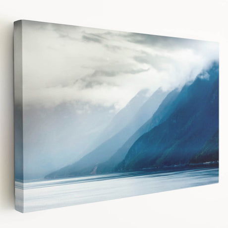 Large art depicting a serene Alaskan landscape on stretched canvas, featuring muted earth tones, ideal for kitchen wall art.