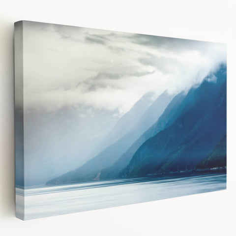 Large art depicting a serene Alaskan landscape on stretched canvas, featuring muted earth tones, ideal for kitchen wall art.