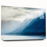 Acrylic print of a serene Alaskan landscape in cool blue and gray tones, suitable for bedroom or dining room decor.
