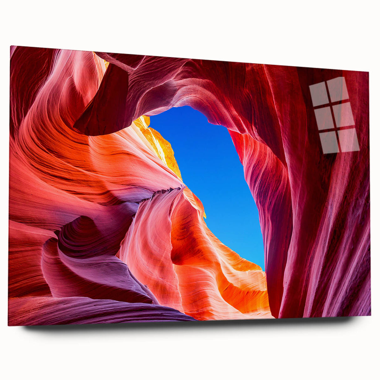 Acrylic print of Antelope Canyon in Arizona, featuring swirling orange and red rock formations.