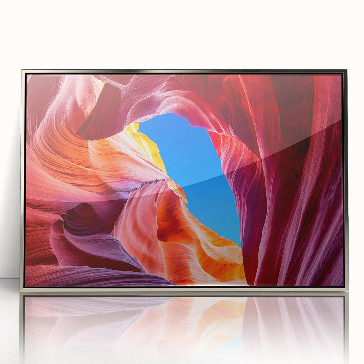 Mid-century modernist art depicting Arizona's Antelope Canyon in muted earth tones on a framed acrylic print.