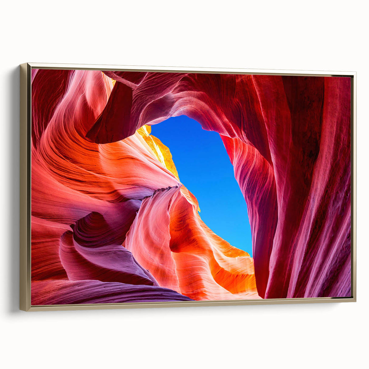 Framed canvas of Arizona's Antelope Canyon in gold and black tones, ideal for bedroom wall art.