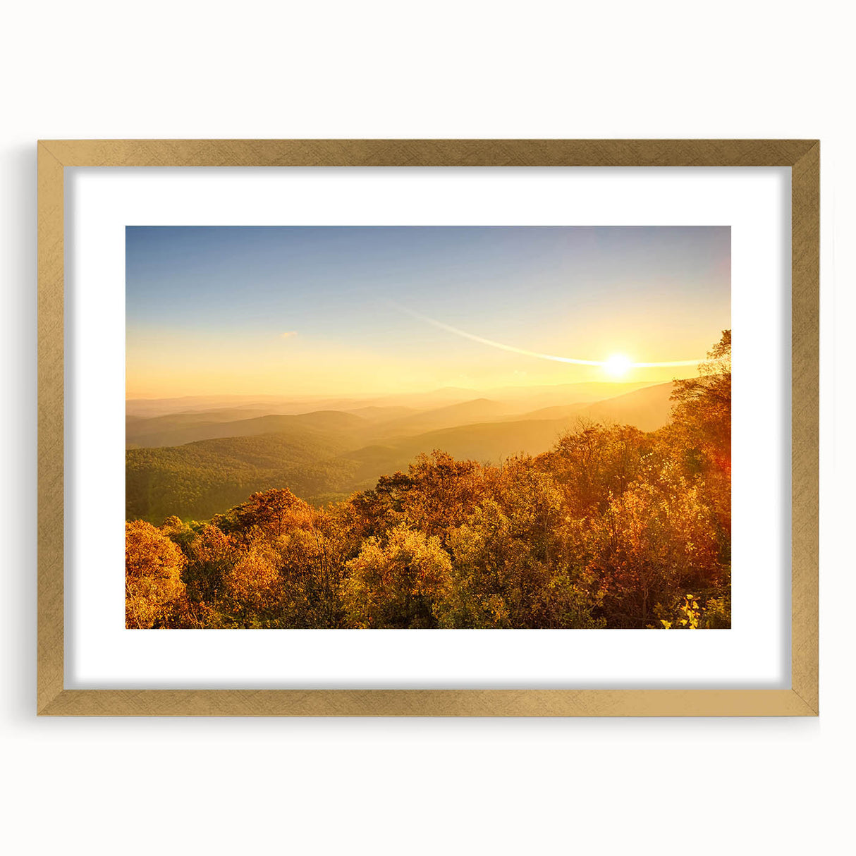 Extra large abstract art print of Arkansas scenery in a gold frame, featuring textured earth tones.