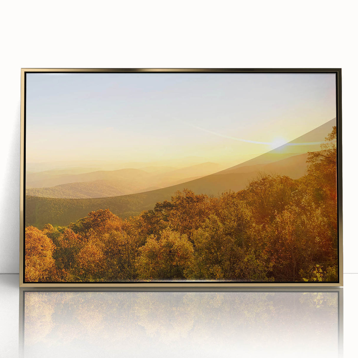 Large art print of Arkansas scenery in muted green and blue shades on a framed acrylic, ideal for modern nursery wall decor.