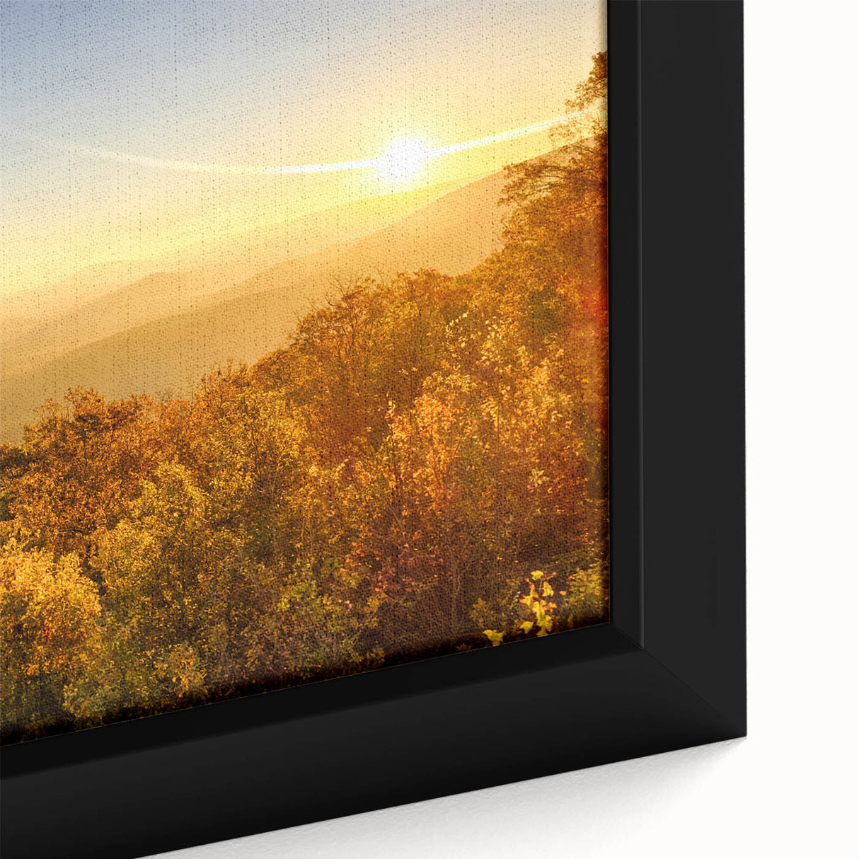 Close-up of black textured wall art featuring a colorful Arkansas scenery on a framed canvas, suitable for living room decor.