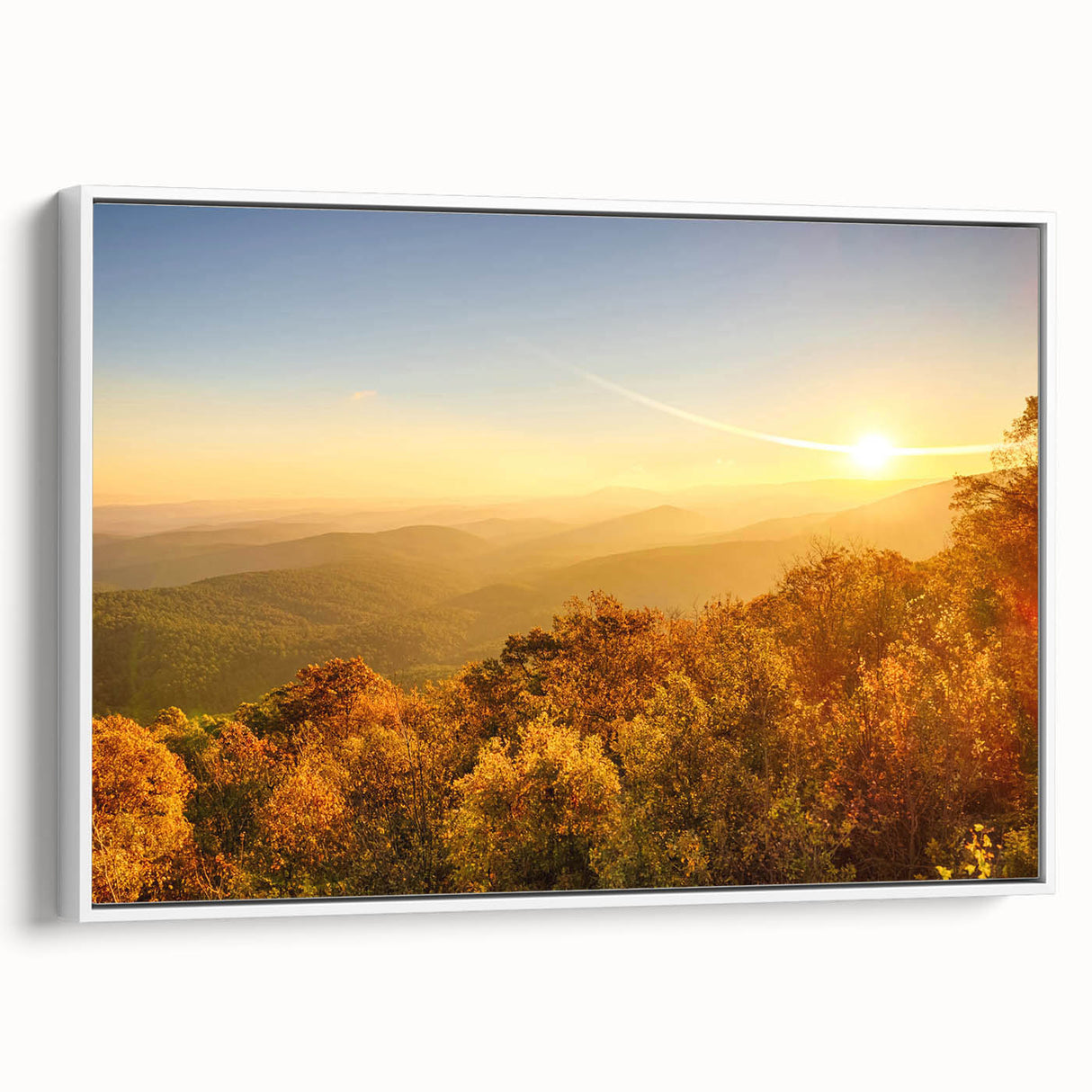 Vintage poster art of Arkansas scenery in vibrant colors on a large framed canvas, ideal for living room decor.