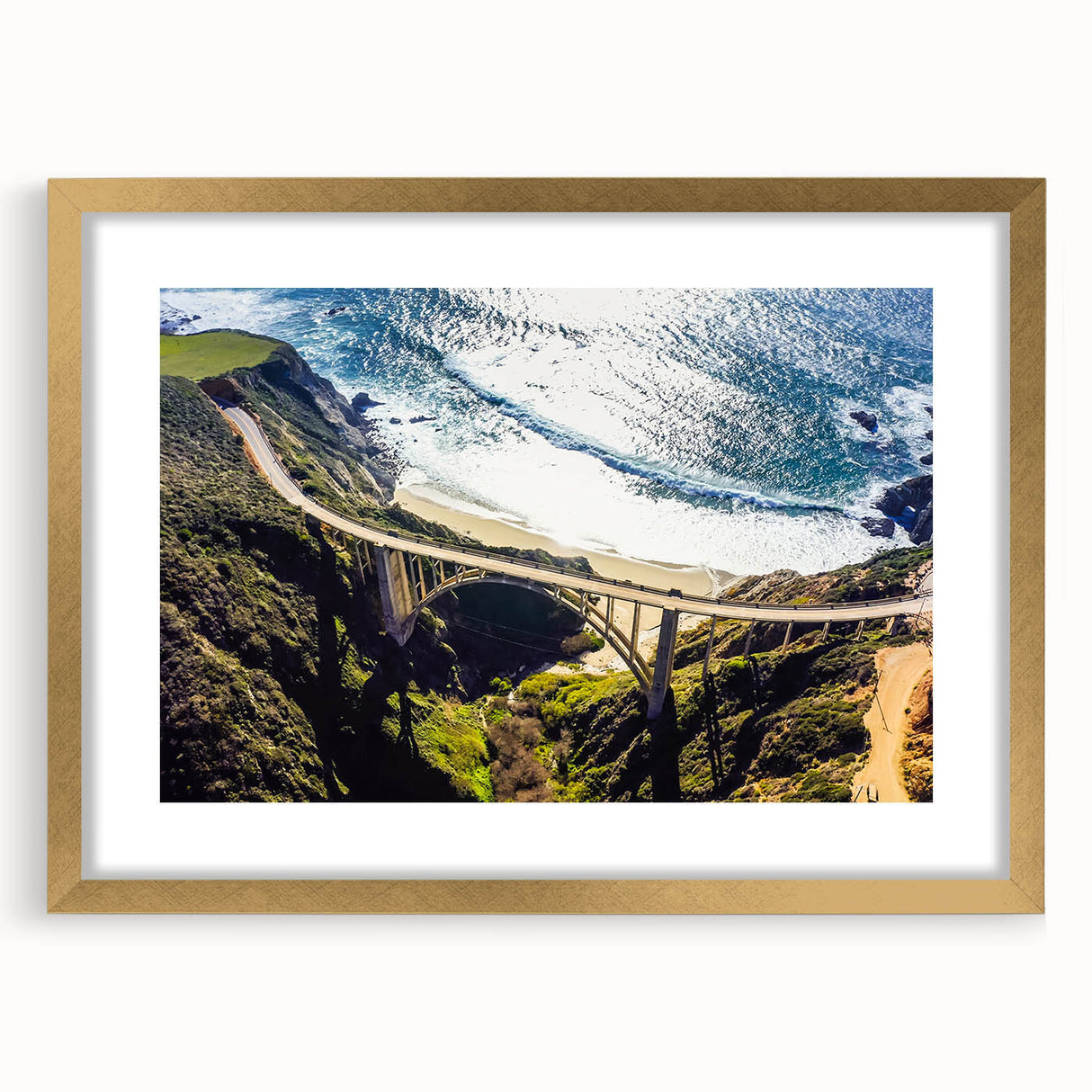 Extra large abstract art print of Big Sur, California in textured style with a gold frame, ideal for living room decor.
