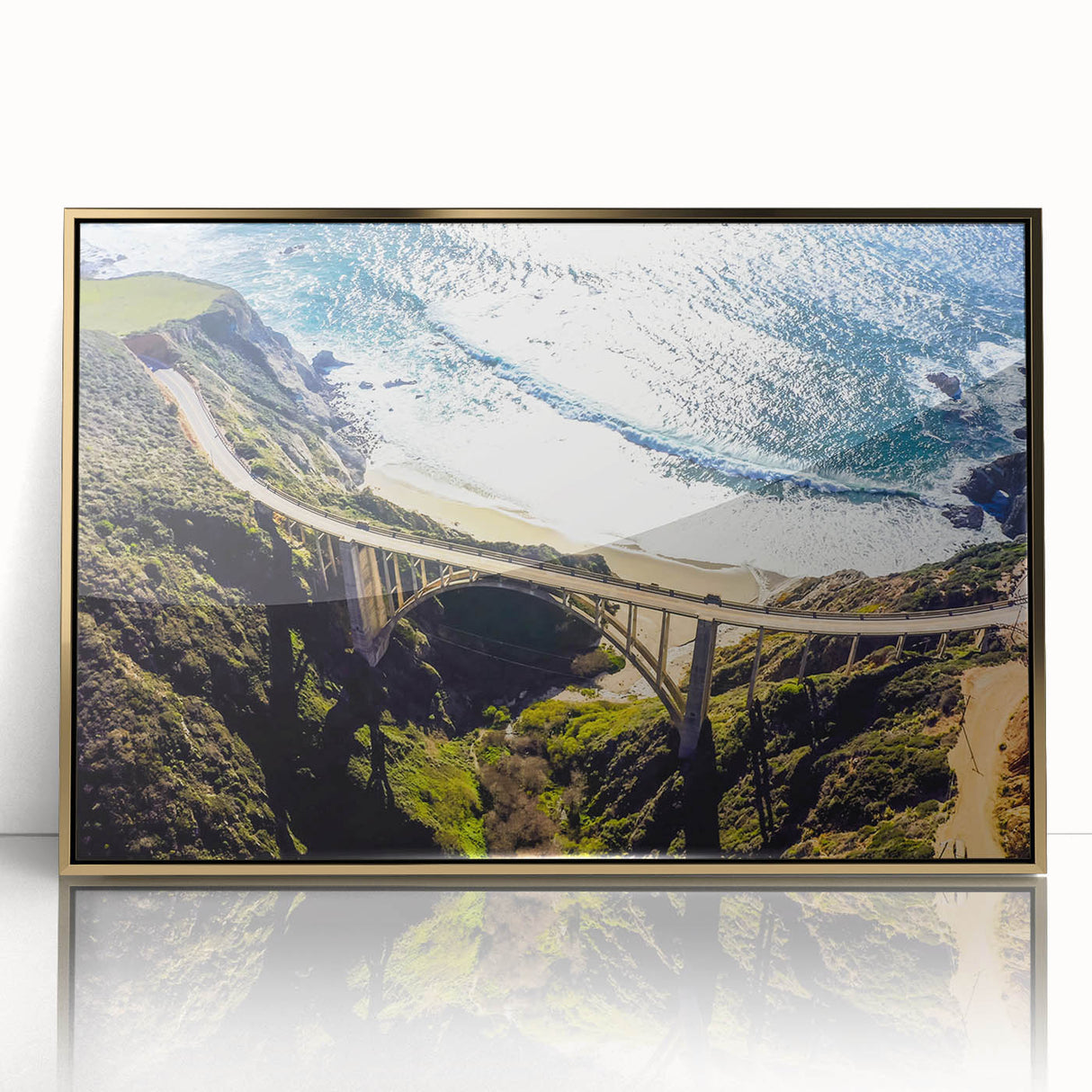Large art print of Big Sur, California, with muted earth tones on a framed acrylic, ideal for modern art wall decor.