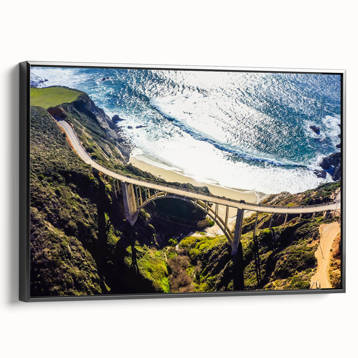 Black and white framed canvas of Big Sur landscape, ideal for bedroom wall art.