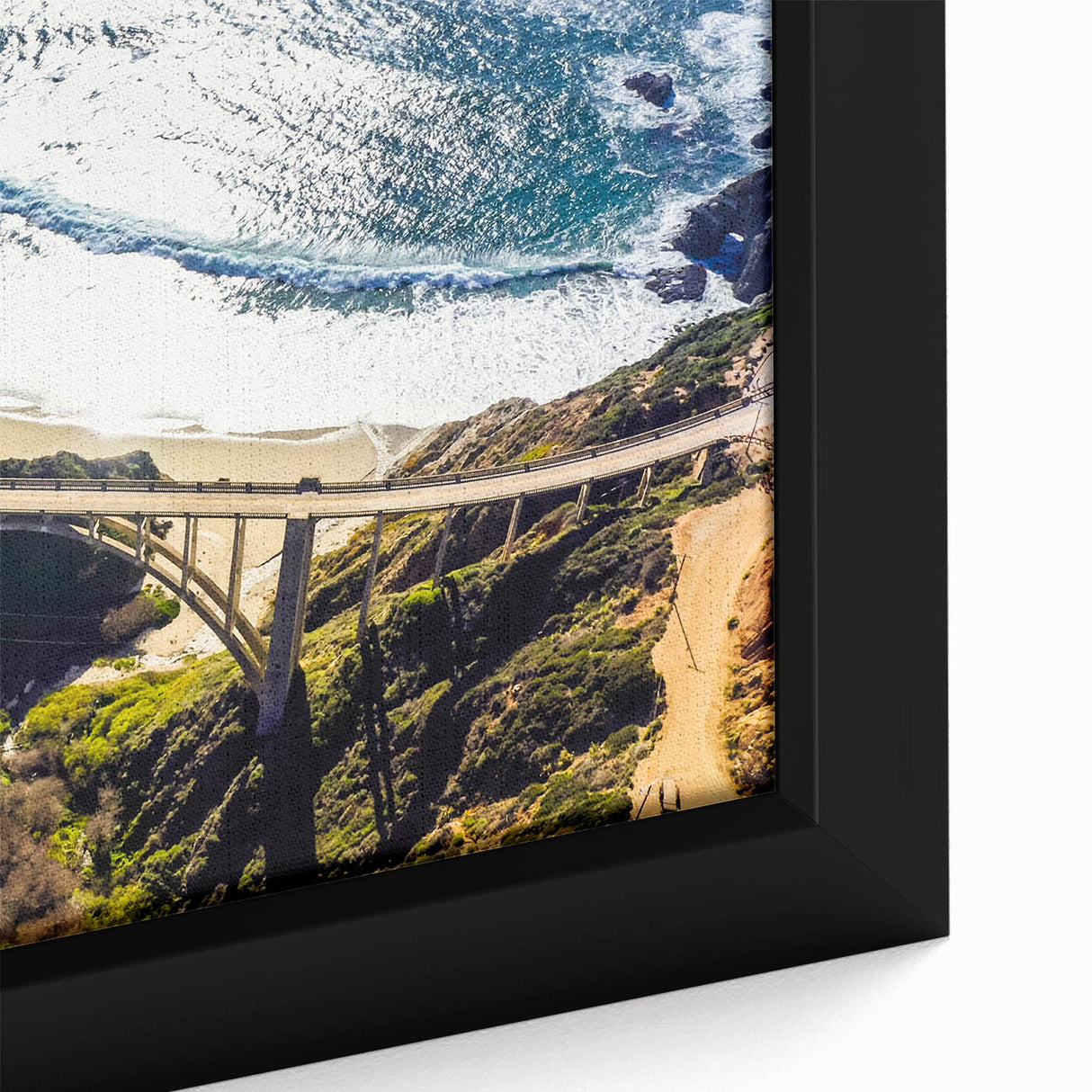 Extra large framed canvas of Big Sur with vibrant colors and textured surface, ideal for living room decor.