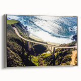 Framed canvas featuring a vintage-style landscape painting of Big Sur, California, with vibrant colors on a black background.