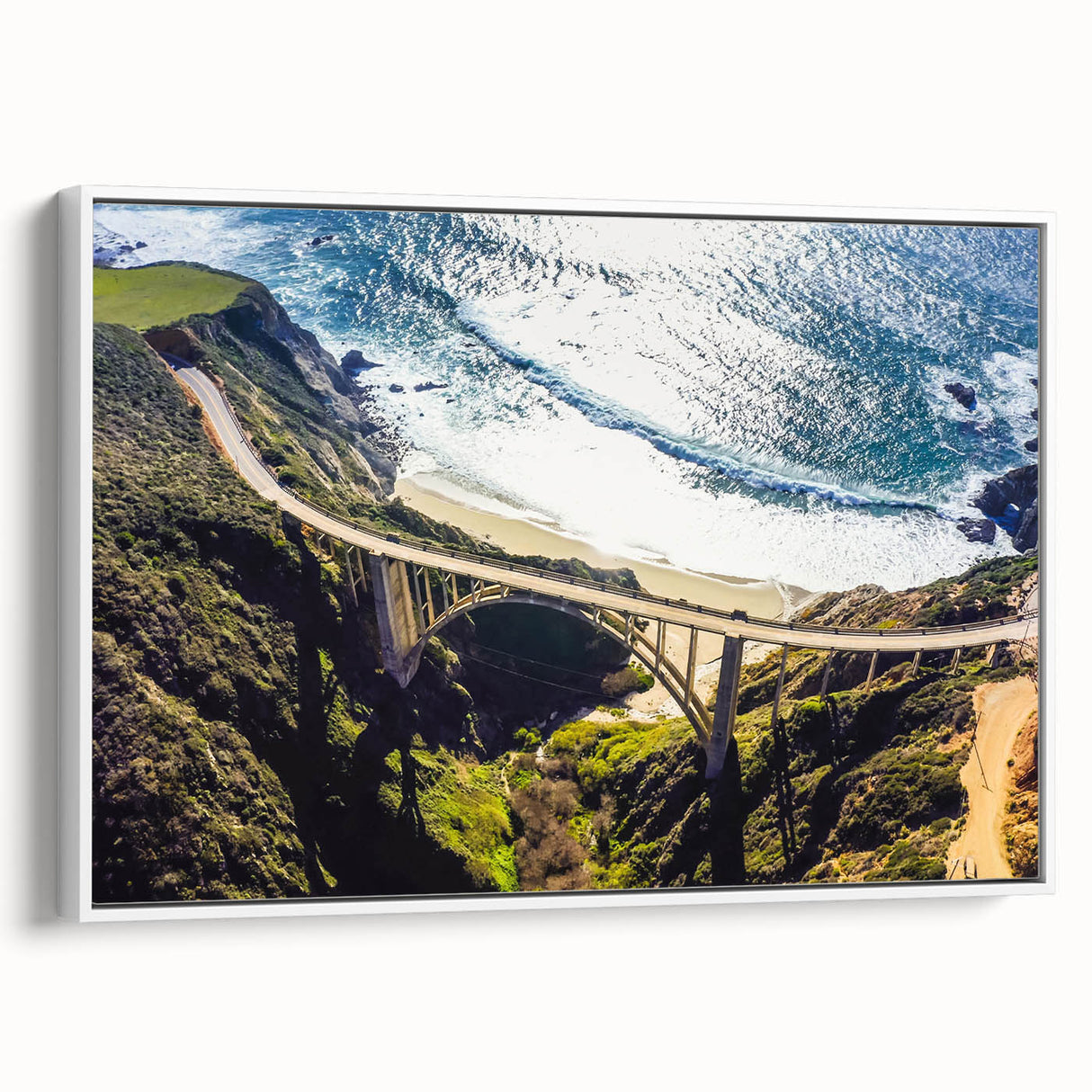 Vintage poster art of Big Sur, California, in vibrant colors on a white-framed canvas, ideal for living room decor.