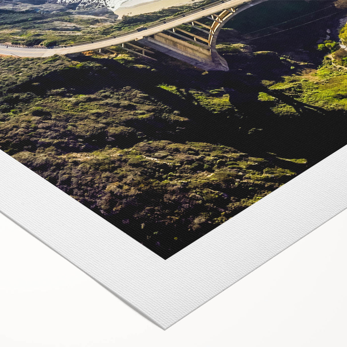 Art deco poster of Big Sur coastline in muted earth tones on rolled canvas, suitable for dining room wall art.