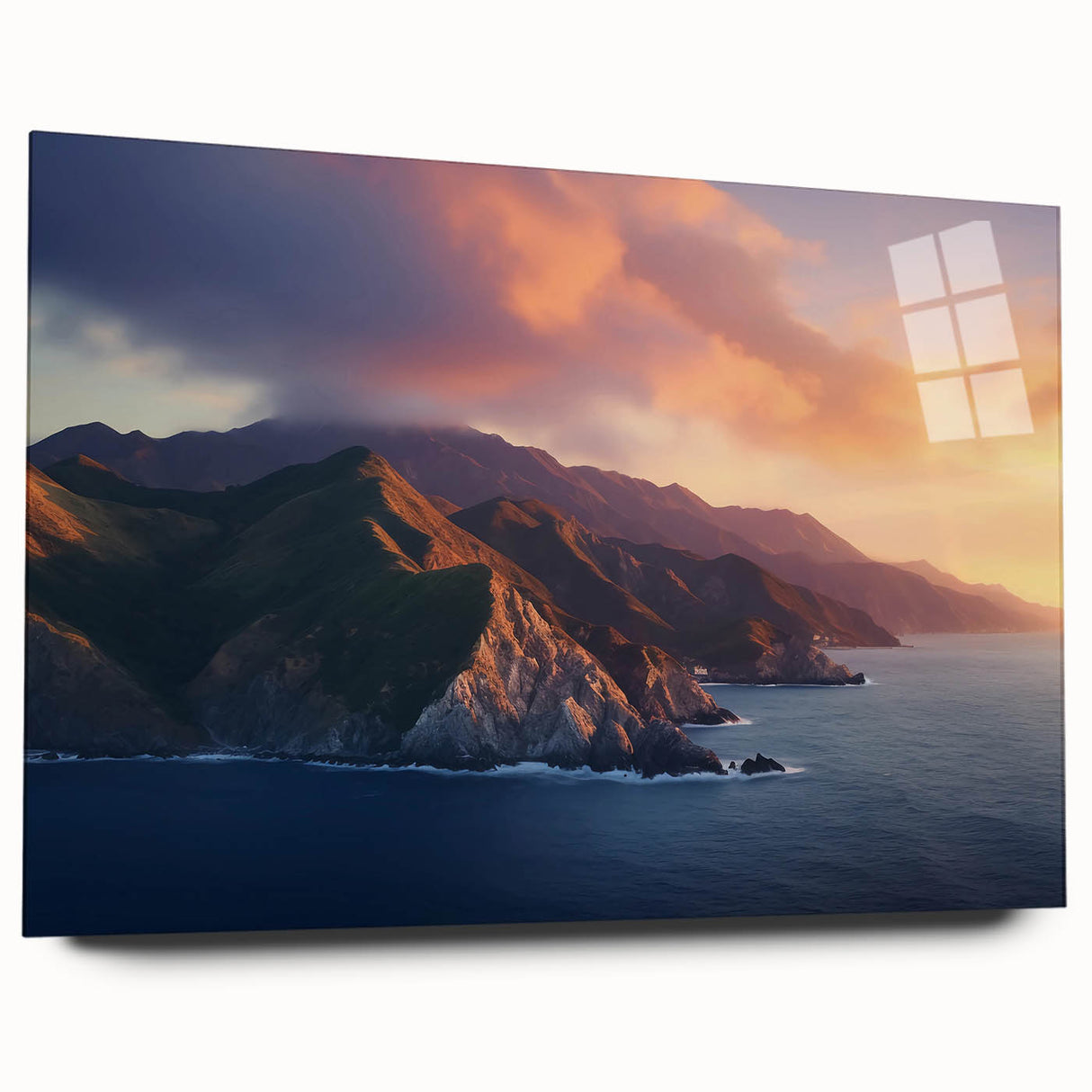 Large abstract wall art of Catalina, California, in muted blue and gray tones on acrylic glass.