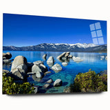 Large abstract wall art of Lake Tahoe in muted blue and green tones on acrylic glass, ideal for bedroom or dining room decor.