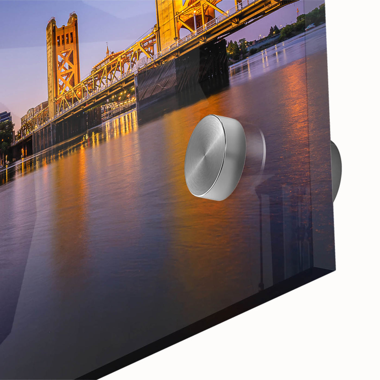 Large abstract wall art depicting the Sacramento skyline in muted blue and gray tones on acrylic glass.